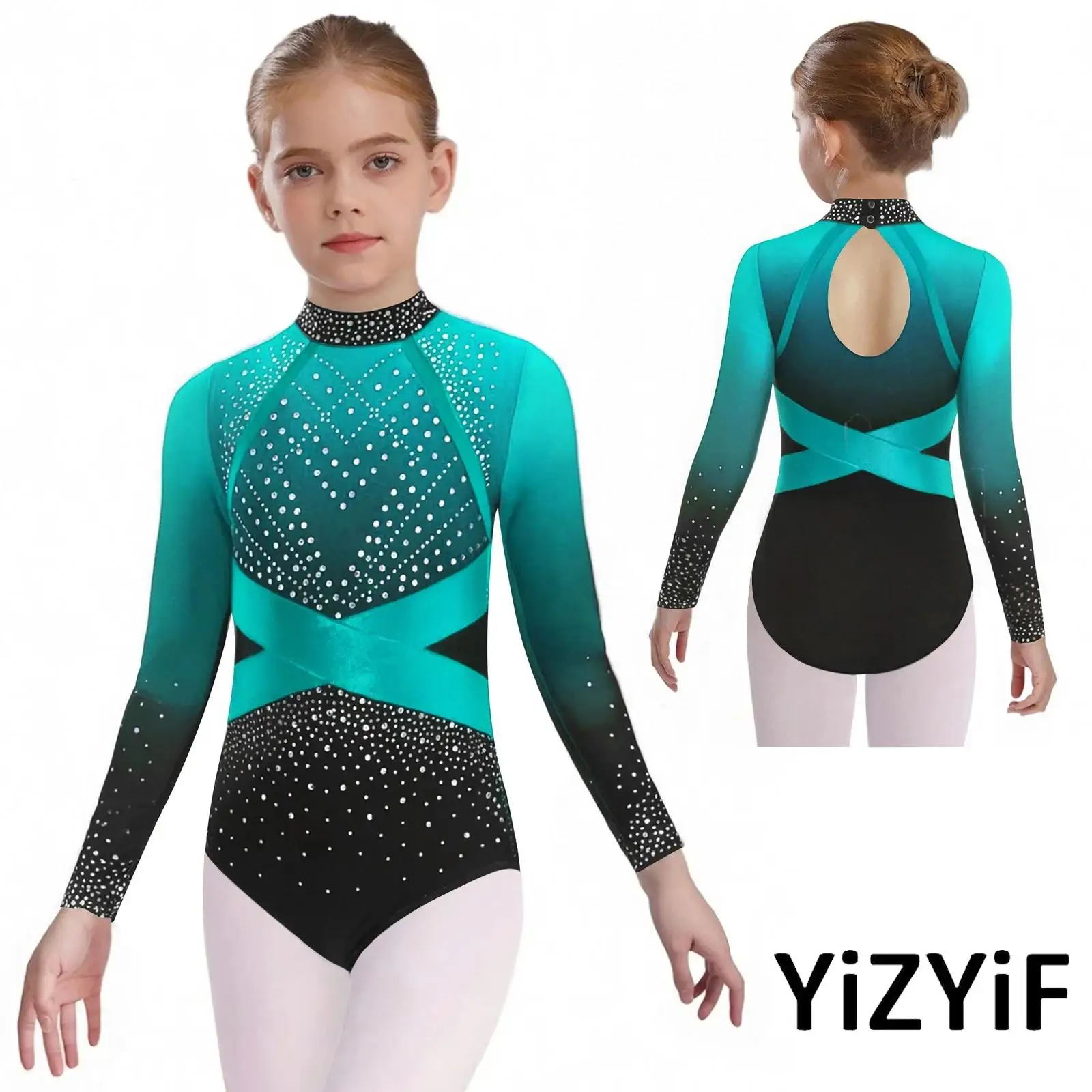

Kids Girls Lyrical Gymnastics Dance Ballet Leotard Costume Long Sleeve Shiny Rhinestone Color Block Leotard+Shorts+Hairband