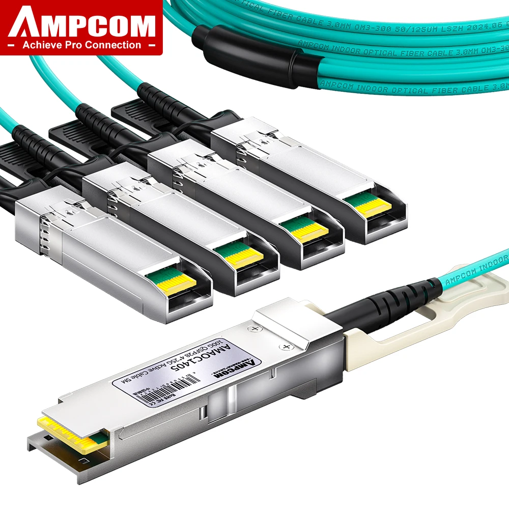 AMPCOM 100G QSFP28 to 4x25G SFP28 Breakout Active Optical Cable, AOC assembly for Cisco, Mikrotik, Fortinet, Ubiquiti etc