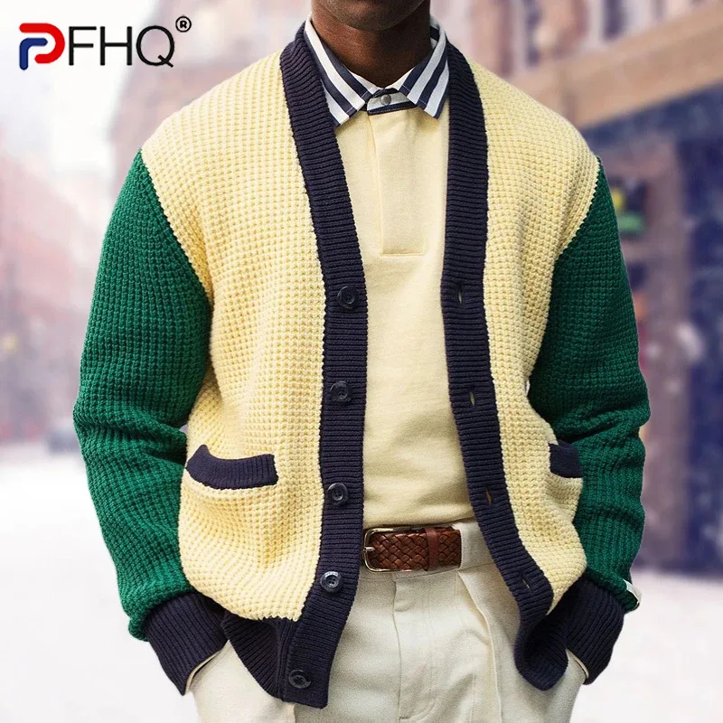

PFHQ Autumn Winter Men's Knitted Sweater Contrasting Color Cardigan Sweater Woolen Jacket 2024 Male Tops Casual 21Z5546