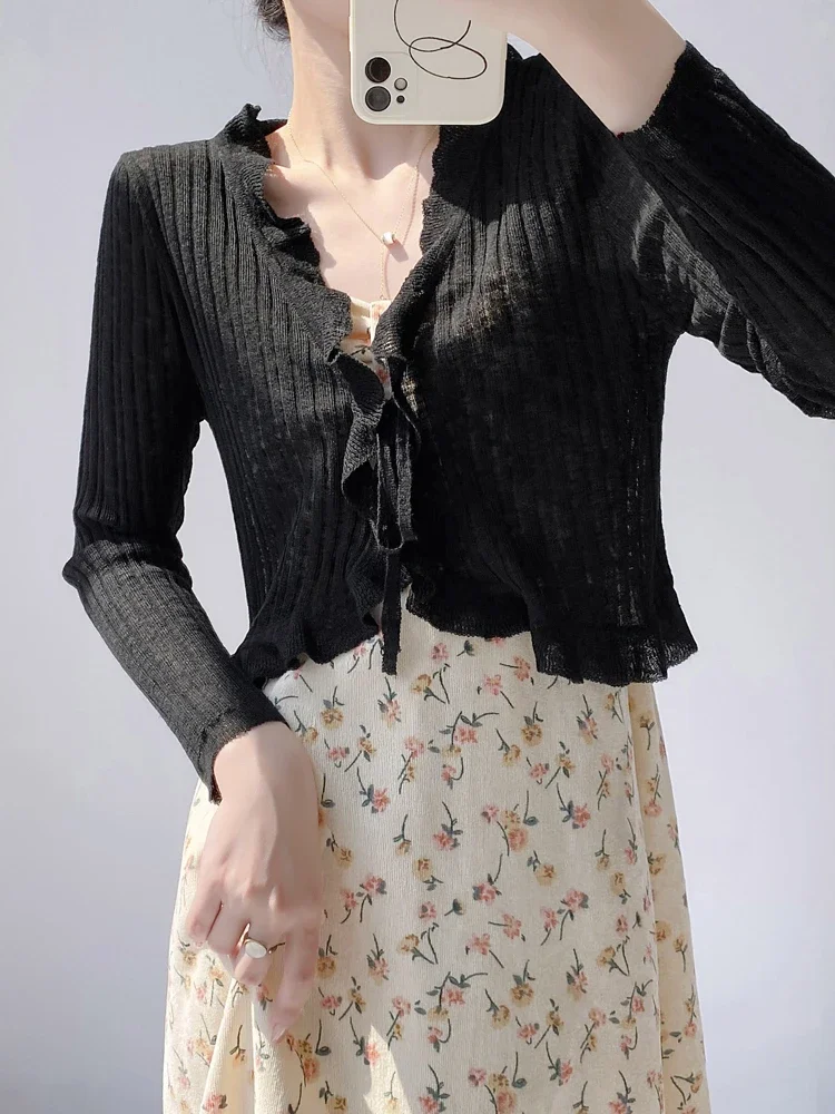 

Lace Trim One Button Long Sleeve Crop Top Women Short Sleeve Open Front Ribbed Knit Cardigan Sweater Fairycore Outfi Summert
