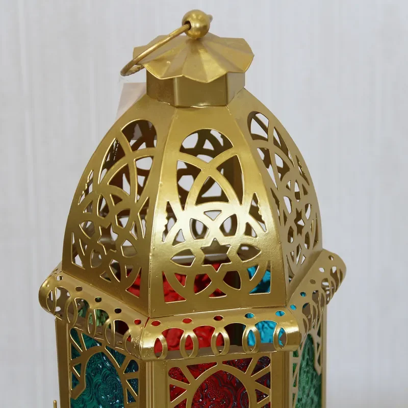 Moroccan Retro Wrought Iron Candle Holder Stained Glass Home Decor Creative Wedding Centerpiece Ornament Craft Gift Vintage