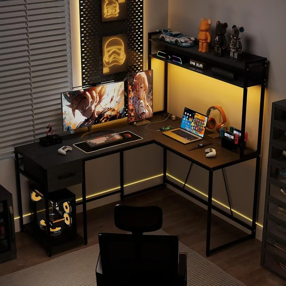 L Shaped Gaming Desk with LED Lights & Power Outlets, Reversible L Shape Computer Desk with Storage Drawer & Shelf