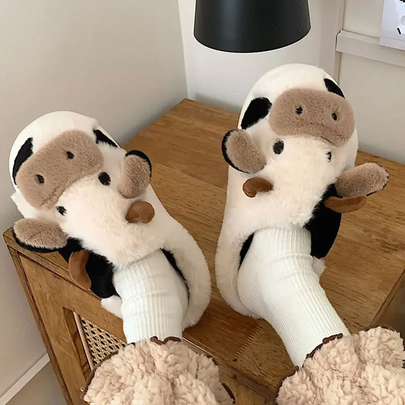 Crestar-Pantoufles en peluche coordonnantes pour femmes, pantoufles de dessin animé mignon, vache, nuage, amoureux d'intérieur, fourrure, chaussures de maison non ald, hiver