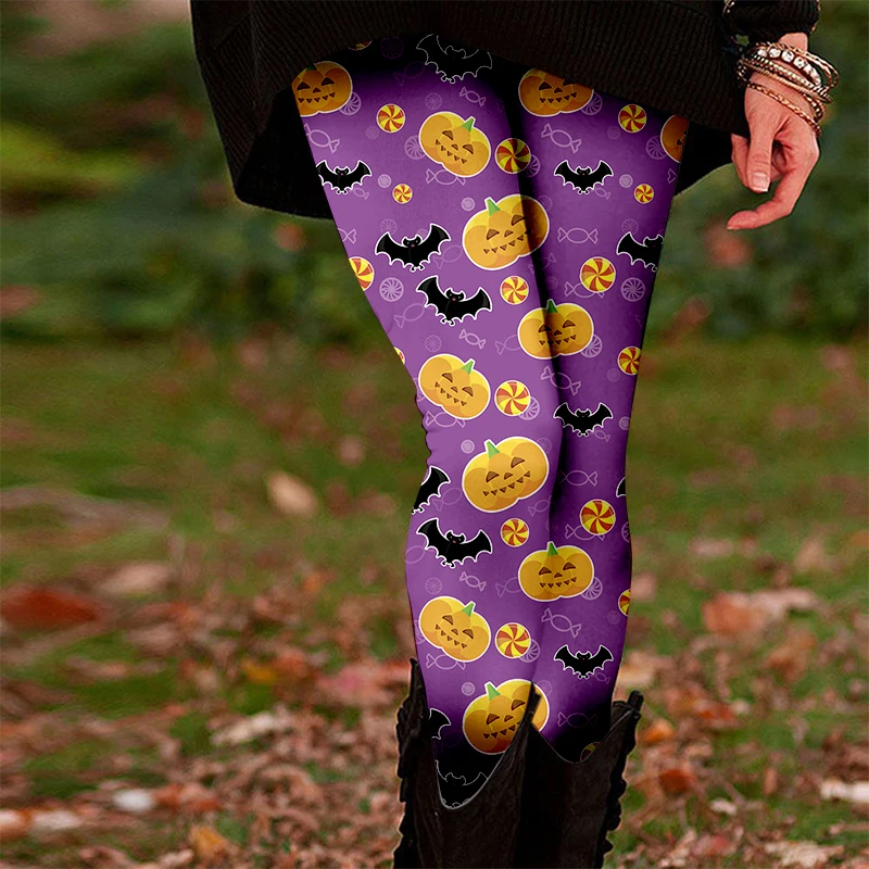 [Leggings di Halloween] Leggings colorati dal design dei cartoni animati: graziose ragazze di Halloween, leggings elasticizzati con motivi di zucca e pipistrelli, pe
