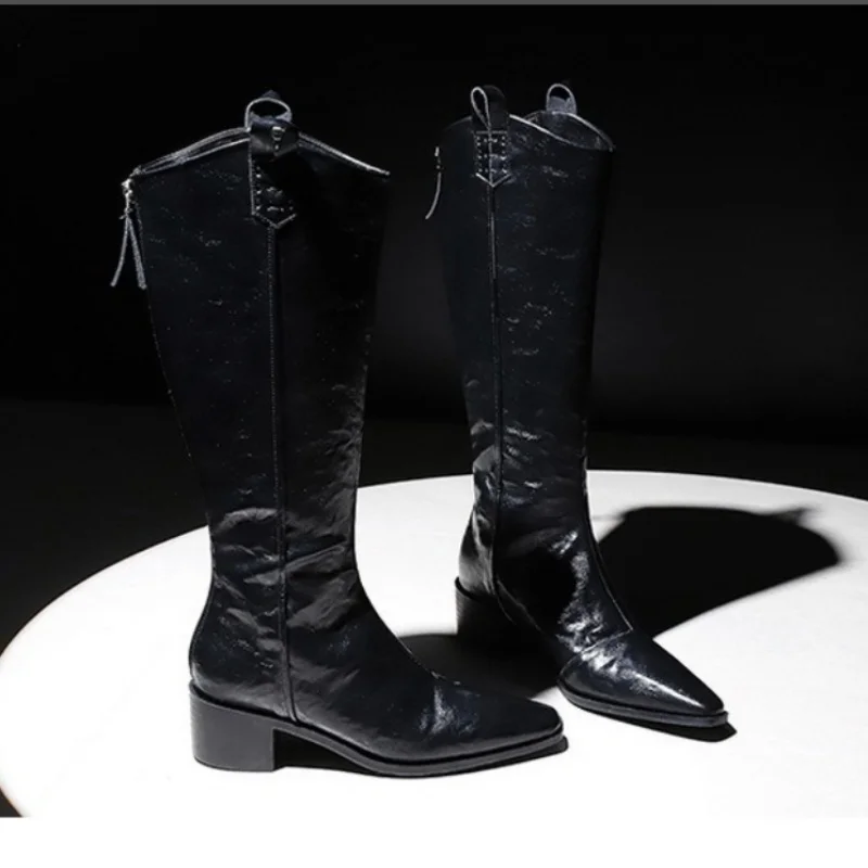 Women's Black Leather Knee High Boots Chic Pointed Toe Back Zip Wrinkles Boots Simple Style High Barrel Women Adding Plush Boots