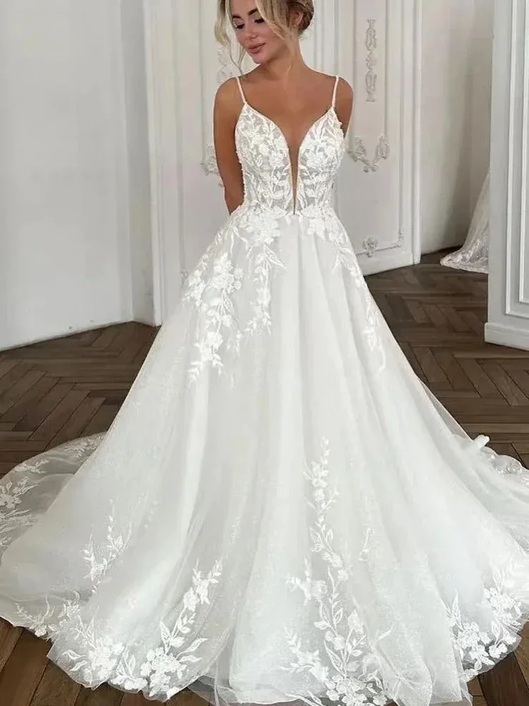 Customized Glitter Lace Appliques Boho Wedding Dresses Deep V-neck Spaghetti Straps Bridal Gowns vestidos de novia
