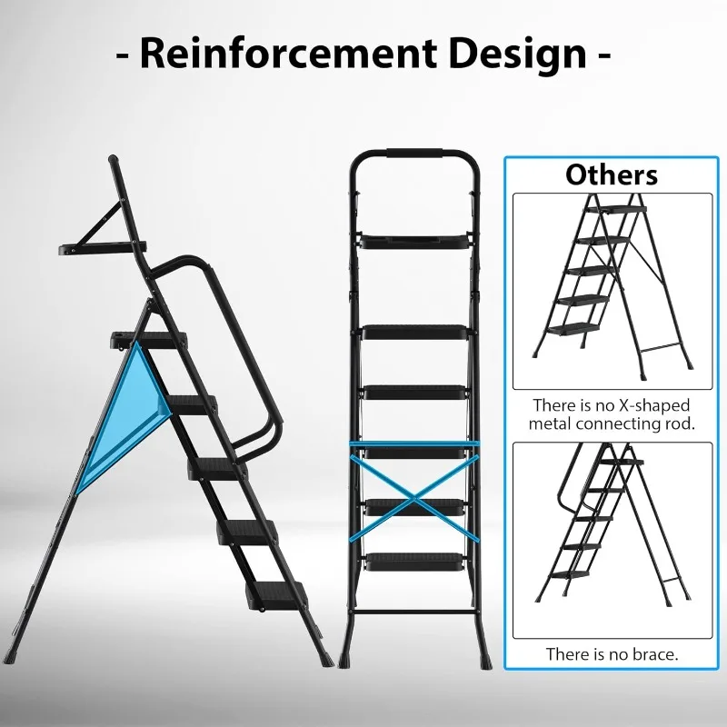 مقعد قابل للطي مع درابزين وصينية أدوات، سعة 400 رطل، فولاذ قوي، أسود، متعدد الاستخدام