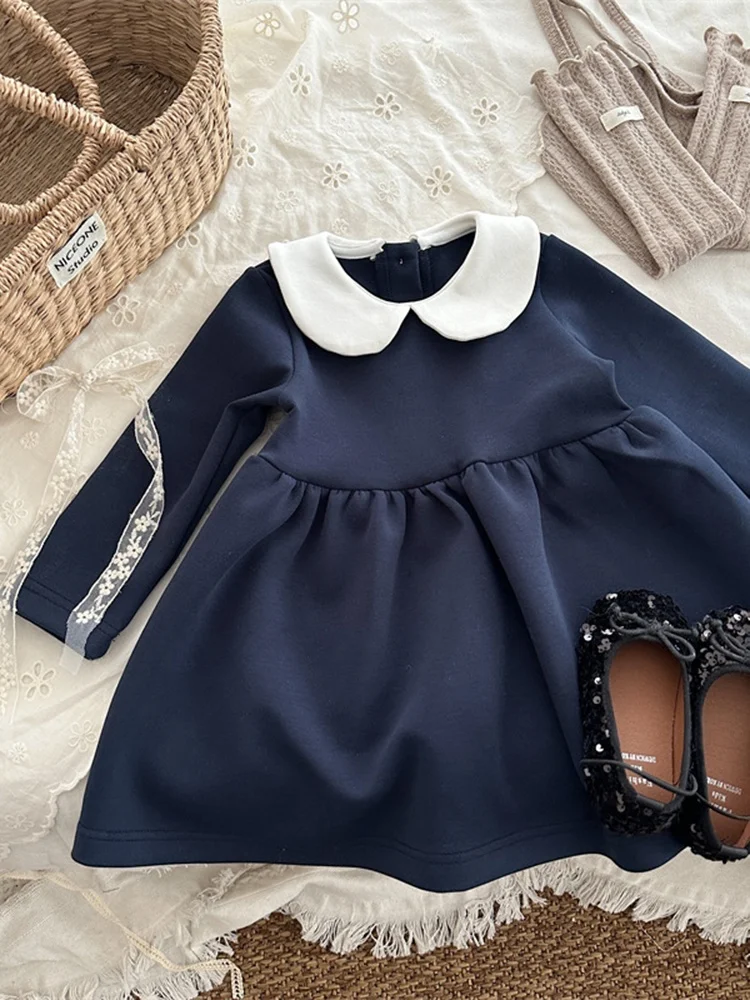 

Весенне-осенняя длинная однотонная юбка-трапеция с кукольным воротником для девочек Dr Princ Sle, корейская модная вязаная юбка трапециевидной формы для детей