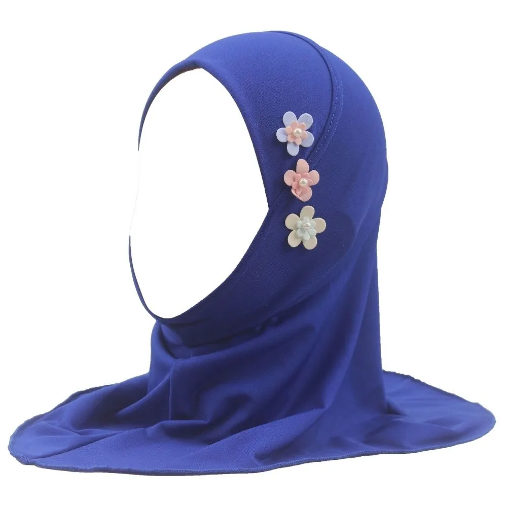 Soft Little Girls Pull-On Hijab with Floral Ornament Non-slip Crystal Linen Headscarf Stretch Solid Colors Head Wrap Turban