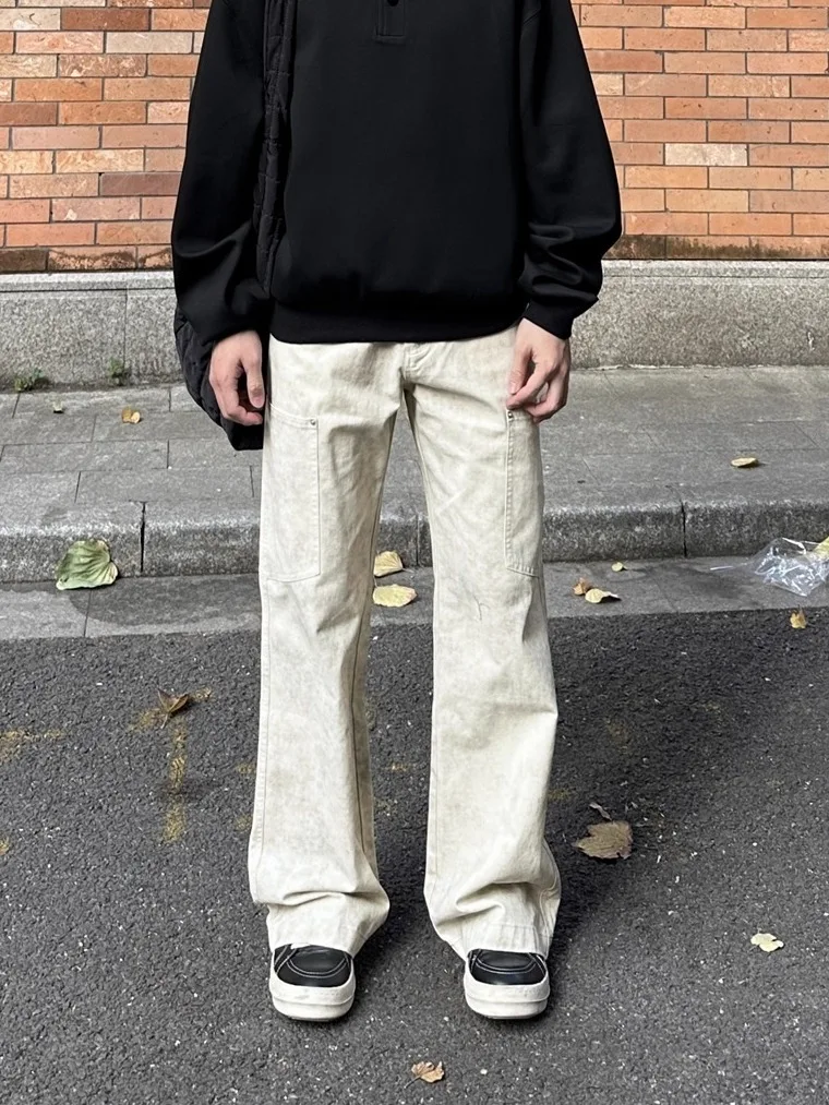 

Retro American Vibe Waed Marble Pattern Men's Work Trousers Slim Fit Straight Leg Micro Flared Long Pants Casual Cotton