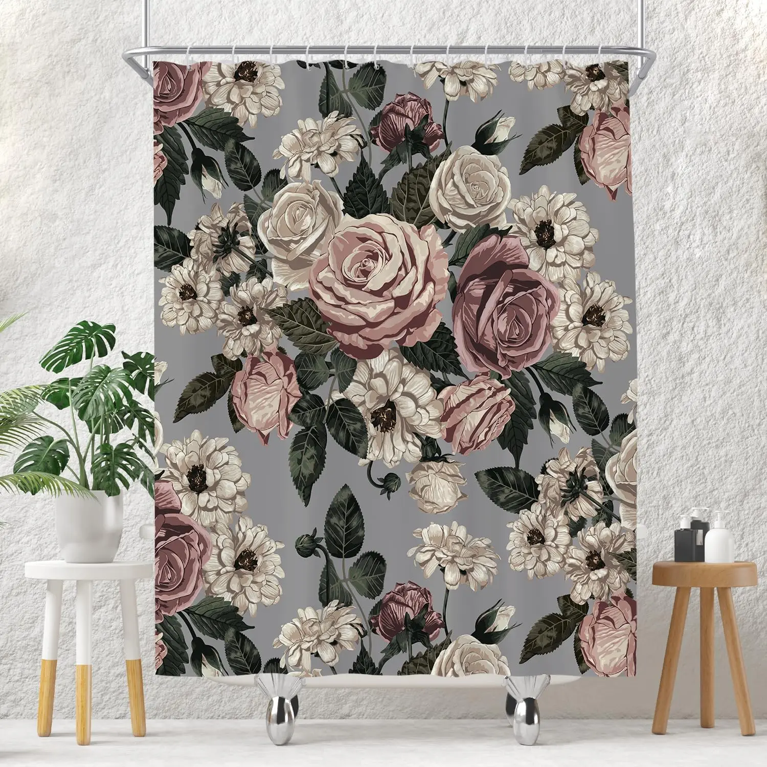 

Elegant Gray Rose Floral Shower Curtain 70x70 Inches Vintage Boho Style Bathroom Decor With Green Leaves Design