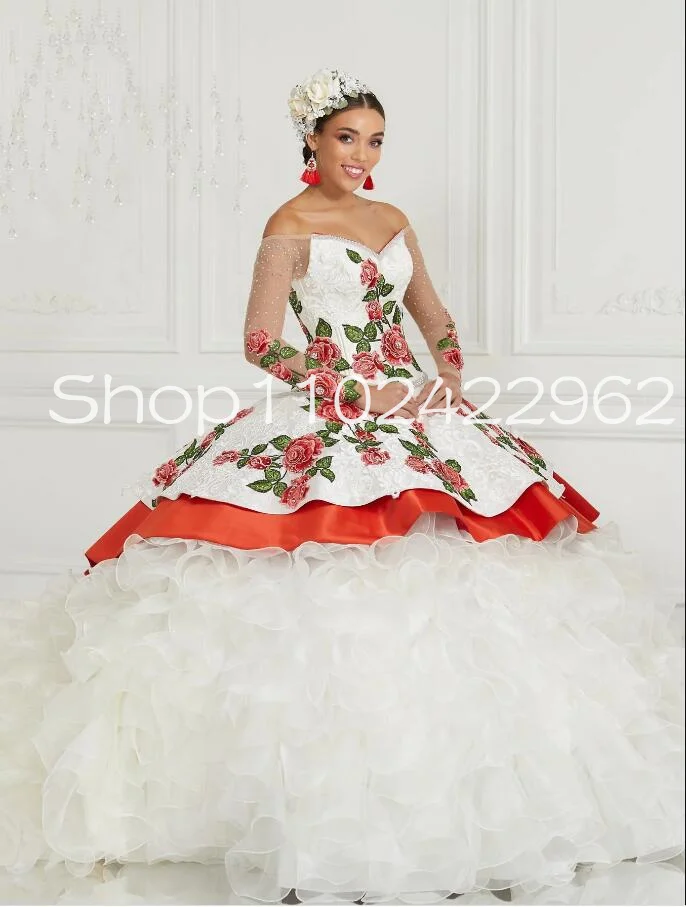 Illusion Long Sleeve Mexican Quinceanera Dresses Off Shoulder Beaded Floral Embroidery Corset Charro vestido de 15 quinceañeras