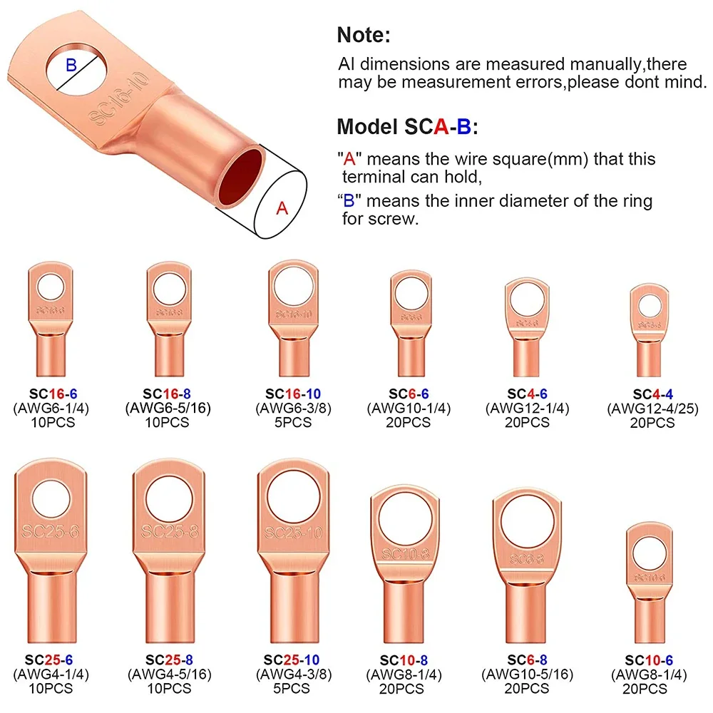 170PCS Copper Ring Terminal Lug Battery Cable End Crimp Terminals Electrical Wire Connector Automotive SC Terminal AWG 4-12