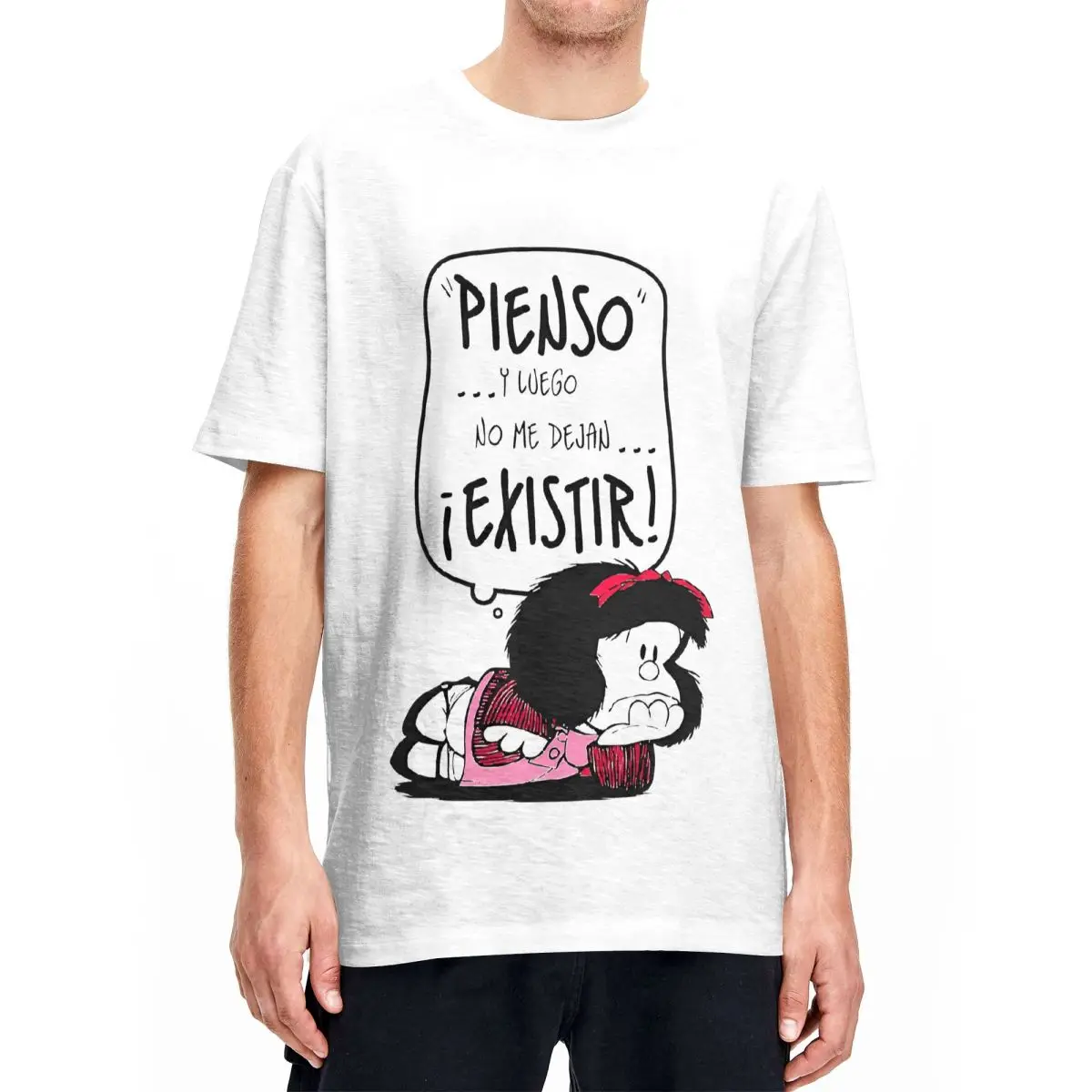 Vintage Pienso Mafalda T-Shirt Men's Round Neck Short Sleeve Top Tee Cotton Clothing