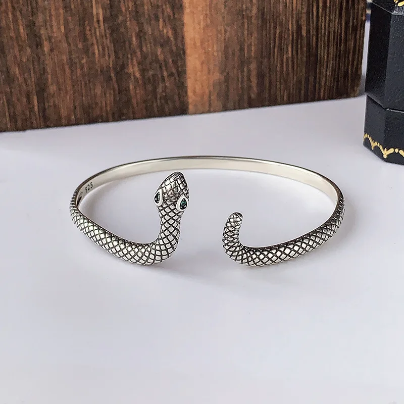 New Fashion Serpentine Bangles 925 Sterling Silver Jewelry Personalized Green Eyed Animal Snake Opening Bracelets  SL069