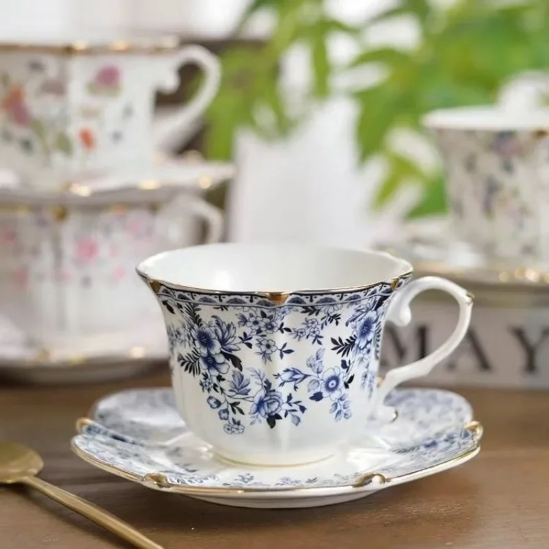 

French Blue and White Porcelain Coffee Cup with Gilt Exquisite Floral Ceramic Afternoon Tea Dessert Cup Artistic Couple's Mug