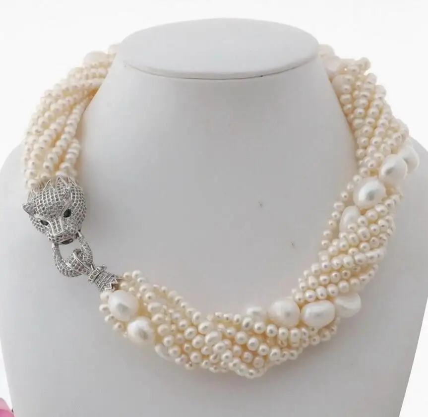 

New natural 9 Strands Freshwater white Pearl 5-11MM Necklace Cz Pave Leopard head Clasp 18inches