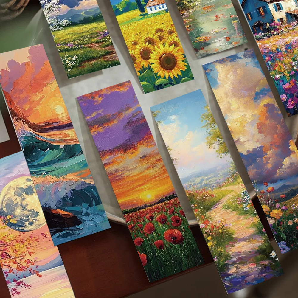 30pcs Romantic Landscape Oil Painting Bookmarks for Students Reading Books Labeling Paper Cards DIY Book Page Bookmarks