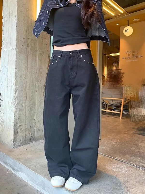 

Ретро-джинсы в американском стиле с заклепками, женские, осенне-зимние, с низкой посадкой, свободные, прямые, повседневные, не деформирующиеся