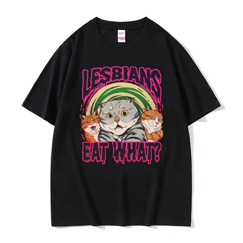 LGBT Lesbian Eat What Cat Vintage T Shirt Summer Men Women Casual Short Sleeve T-shirt Male High Quality T-shirts Y2k Streetwear