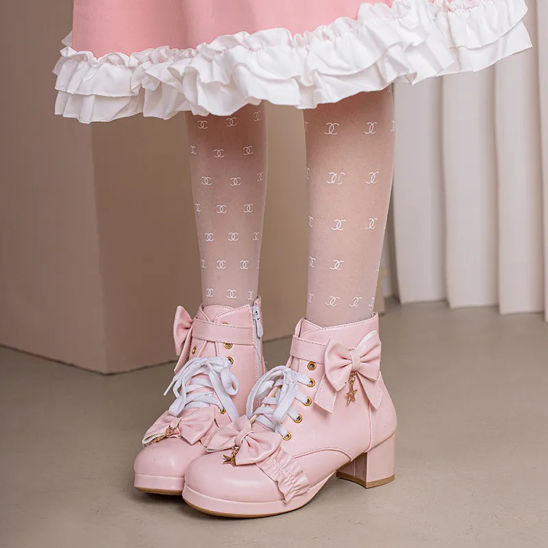 

YQBTDL Lolita Block High Heels Butterfly-knot Shoes Women Cosplay Princess Ankle Boot Pumps 2022 Winter Autumn Pink White Black