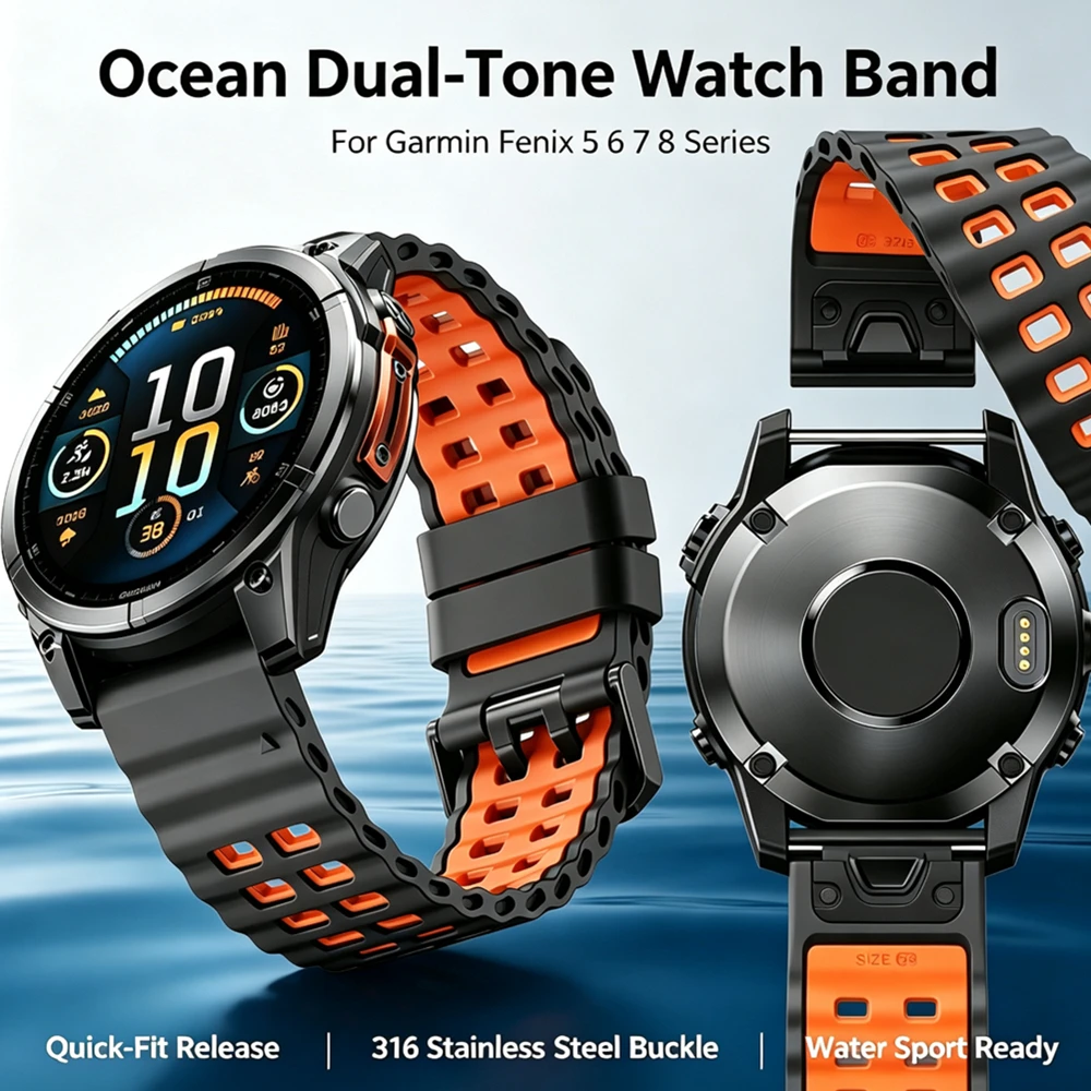Marine Two‑Tone Quick‑Release Silicone Watch Strap 316SS Buckle For Garmin Fenix 5‑8, Tactix, Epix Pro, Instinct