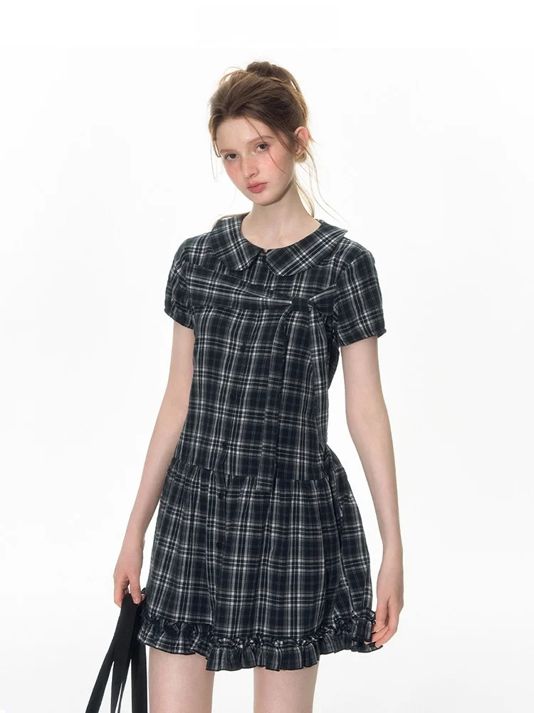 

NAPSNAPS Original Plaid Doll Collar Waist Cinching Slimming Girl's Dr Casual High Waist ort Sve A-Line Skirt