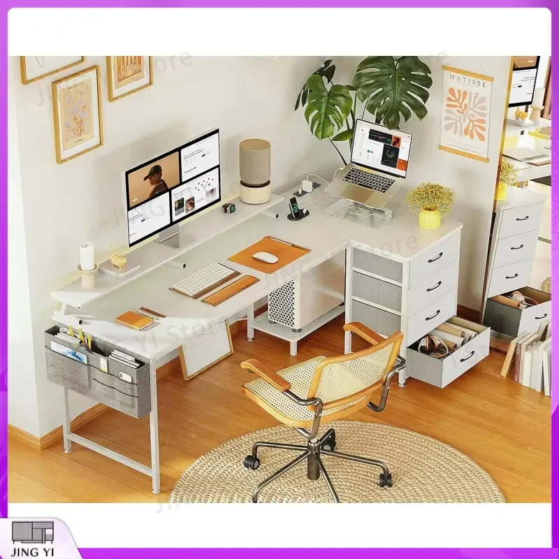 L Shaped Computer Desk 160x80cm Corner Desk with Drawers USB Charging Port Power Outlet Office