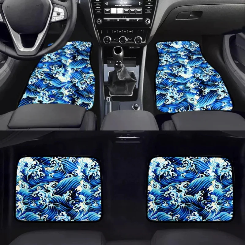 

4Pcs JDM Sakura Wave Blue Fabric Floor Mats Interior Carpets Universal Front and Back Car Floor Mat Non Slip Floor Mats for Cars