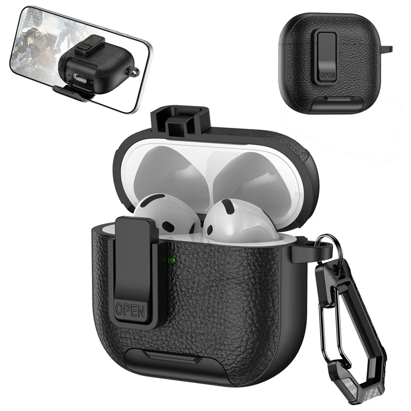 Luxury Leather Textured Headphone Case with Stand for Airpods 4 Pro 2 3 2 1 Case Drop-proof Headphone Case with a Hook