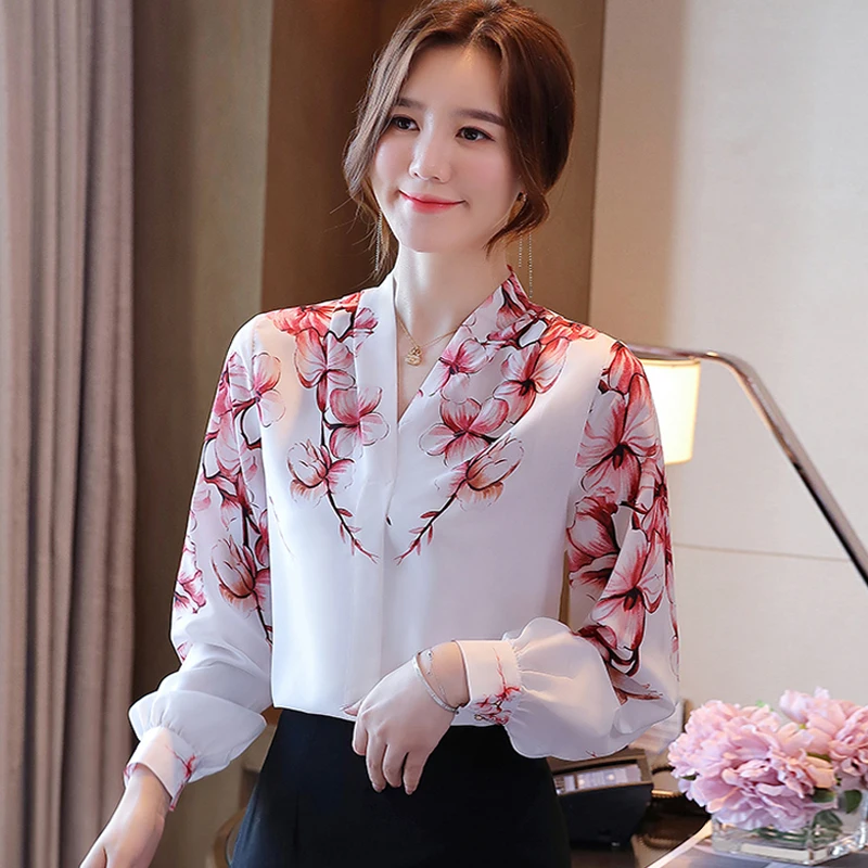 

New Fashion Long Sleeve Print Chiffon Blouse Shirt Women Tops Blusas Mujer De Moda 2024 Casual V-Neck Blouse Women Blusa E699