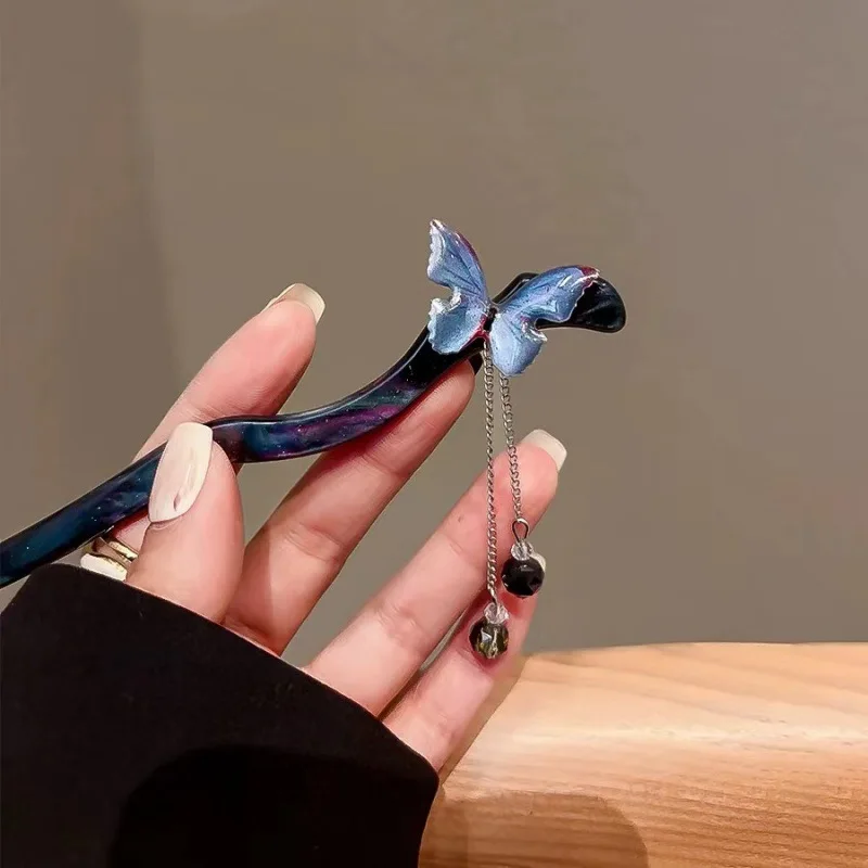 

Новая заколка для волос в китайском стиле с бабочкой – ацетатная палочка с синими крыльями и кисточкой, элегантное украшение для ханьфу для женщин