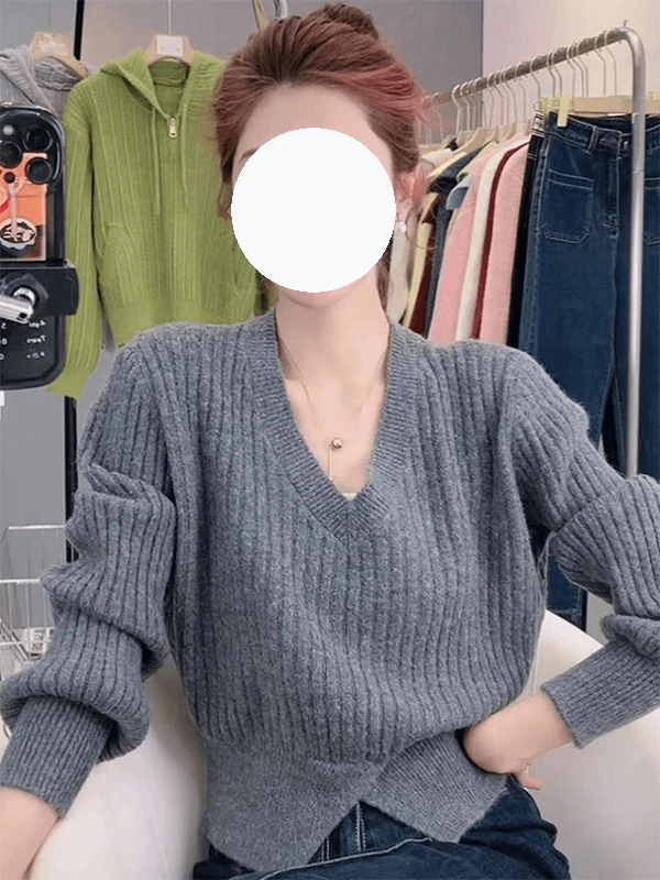 เสื้อสเวตเตอร์ถักไหมพรมสีพื้นแบบหลวมสไตล์เกาหลี คอวี แขนยาว แฟชั่นใหม่สำหรับผู้หญิง ฤดูใบไม้ร่วง 2025