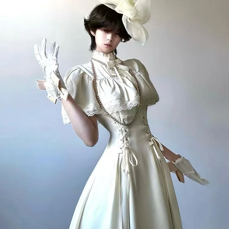 

Gothic Style Long Dress Women's European Middle-aged Waist-cinching Lace Short Sleeved Lolita Vintage Carnival Cosplay Dresses