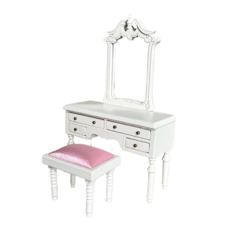 

Realistic Dressing Table Model Pretend Play for Kids Role Display Stool Model Toy Vintage Furniture for 1:12 House