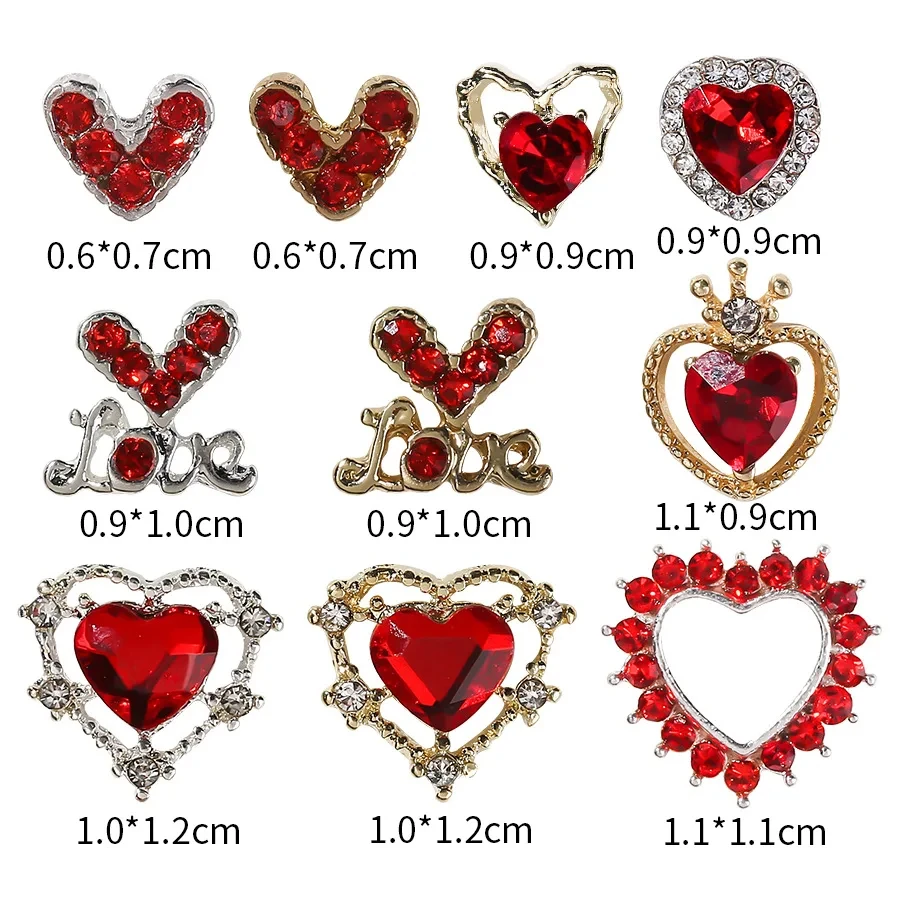 10 stücke Metall Legierung Rot Valentinstag Hohl Herz Nagel Charms Aufkleber Liebhaber Herz Design Schmuck Nägel Kunst Maniküre Dekoration