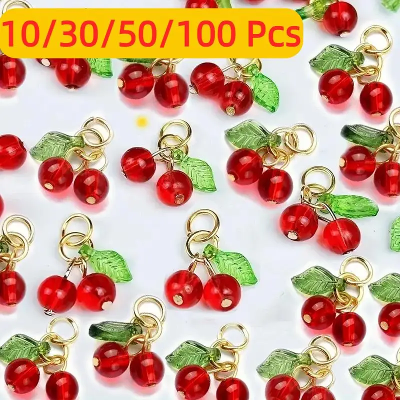 10-100 Uds. Colgante de cereza 3D pequeños dijes de cristal de cereza colgantes para pendientes bolsa de joyería llavero de teléfono accesorios Diy