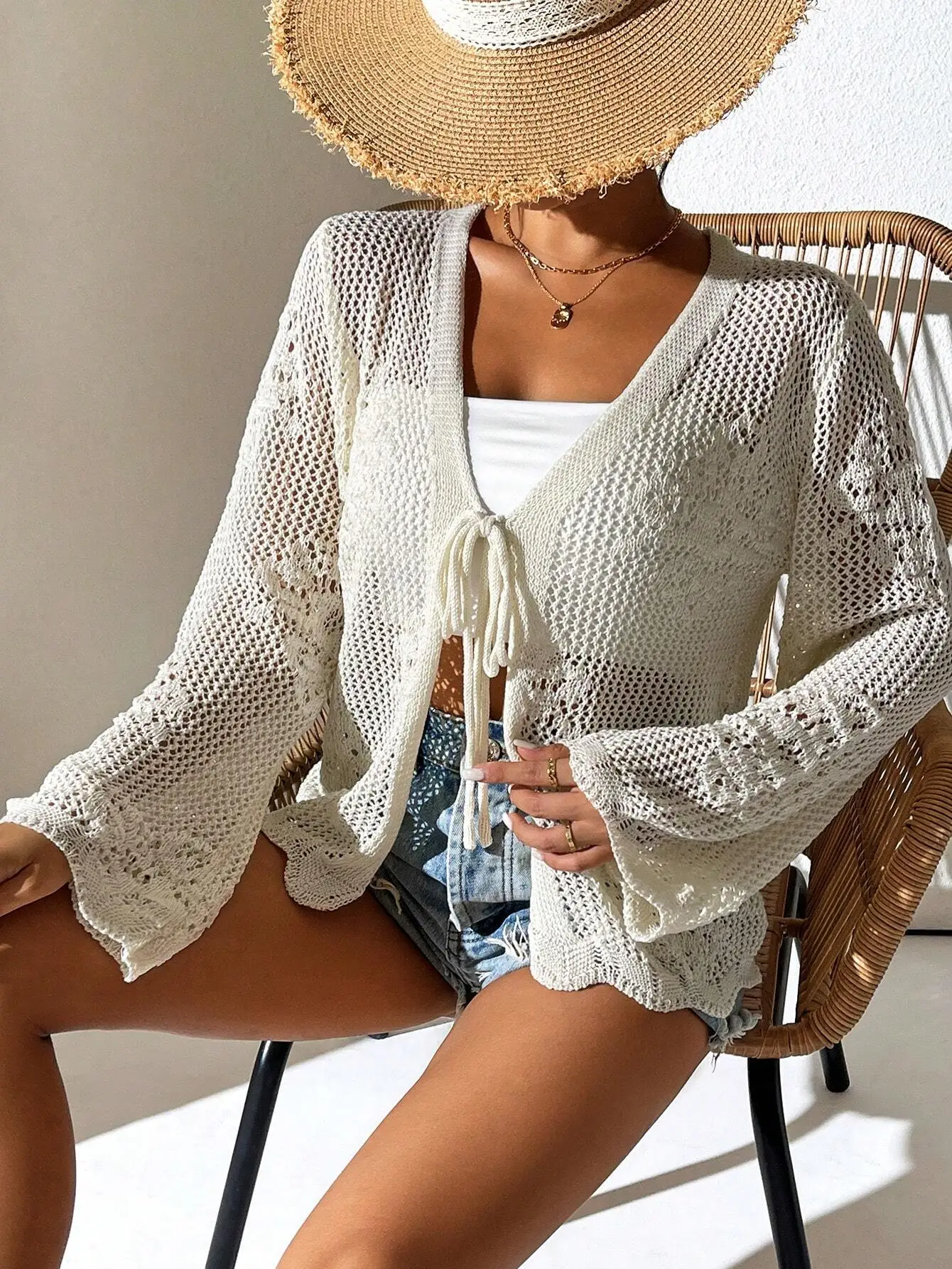 

Breezaya Women's Summer Beach Casual Long Sleeve Hollow Out Tie-Front Crochet Cardigan,Long Sleeve Tops Fall Winter Cloth For