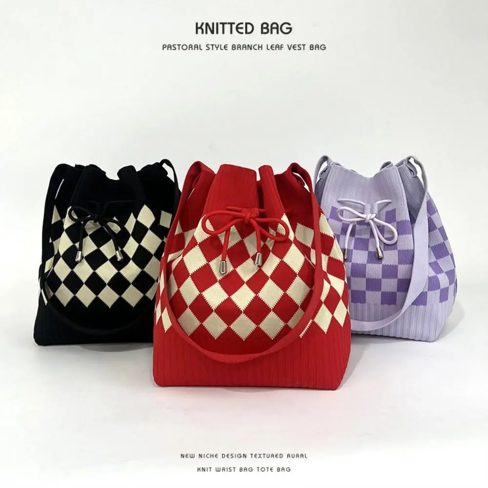 

Bundle Pocket Houndstooth Bucket Bag Soft Commute Diamond Drawstring Bag Handbag Large Capacity Knitted Checked Shoulder Bag