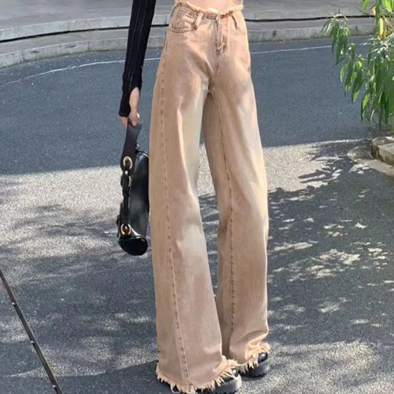 

Light Brown Ruffled Fringed Jeans Women' Retro Straight Tube High Waisted Self -cultivation Micro Flared Pants Detachable Pants