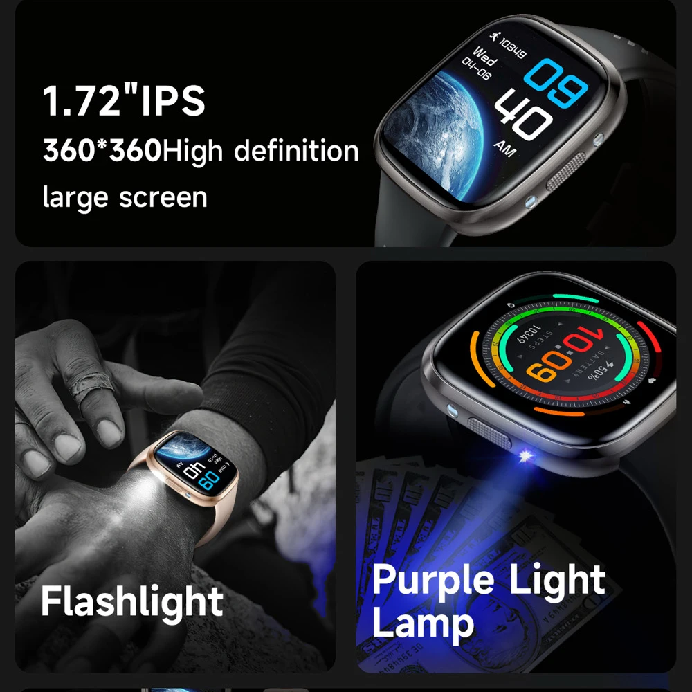 ساعة ذكية للرجال BT Call LED مصباح يدوي مراقبة الصحة في الهواء الطلق حماية النساء العملة الضوء الأرجواني مصباح مقاوم للماء Smartwatch