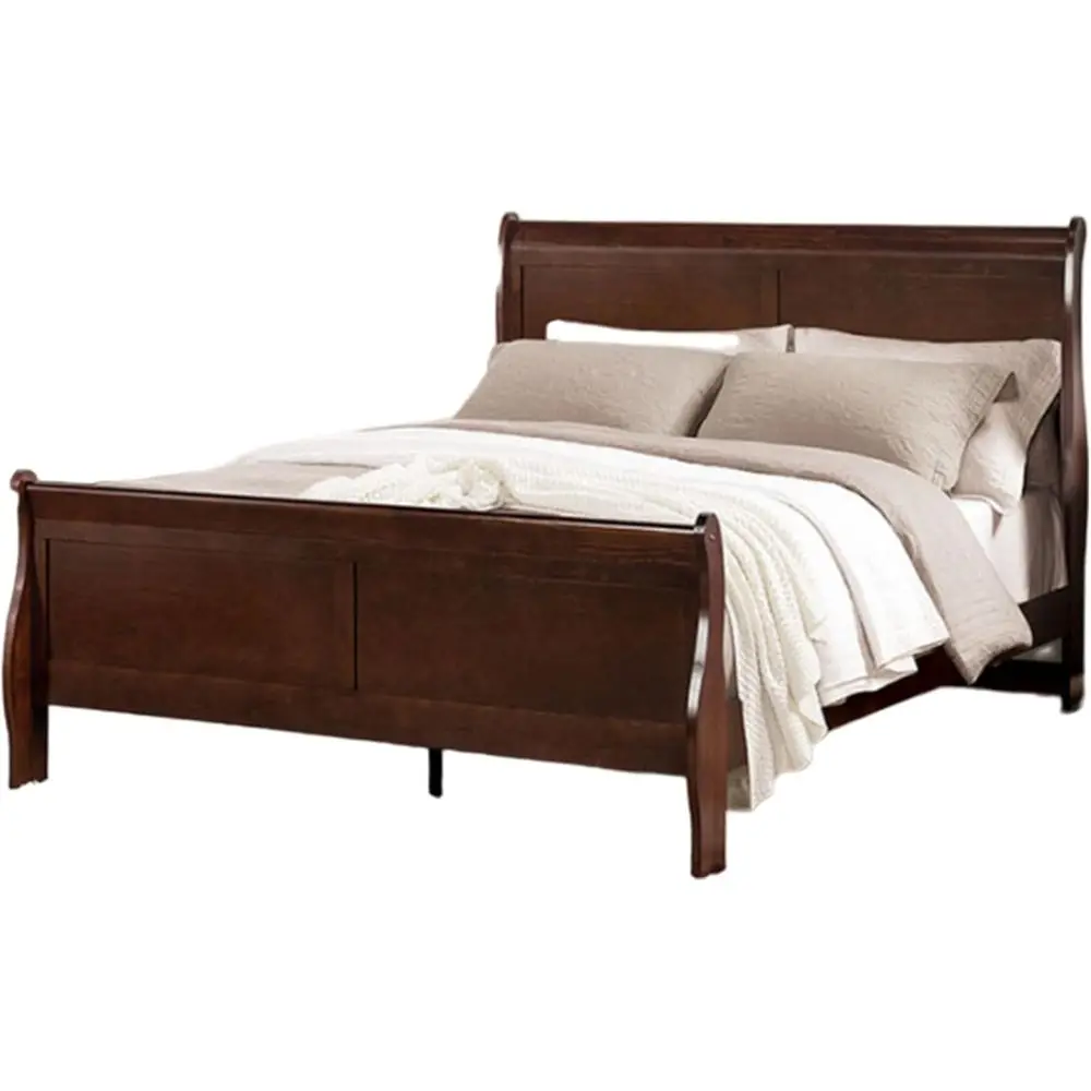

Benzara RYLA Queen Size Bed- Sleigh Panel board- k Cherry Brown Solid Wood