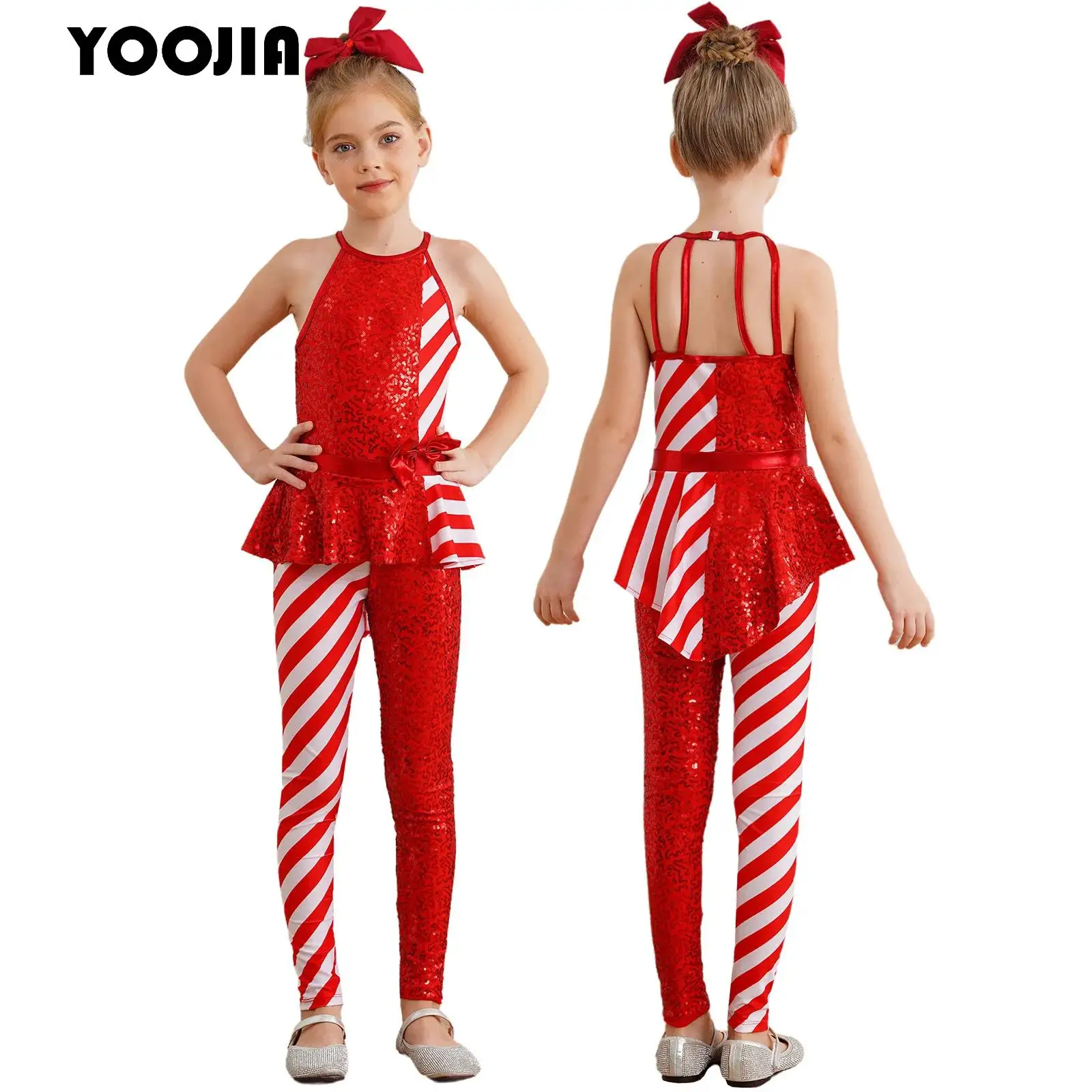 

Kids Girl Candy Cane Christmas Jumpsuit Costume Striped Sequins Santa Sweetie Ballet Gymnastics Leotard Figure Skating Dancewear