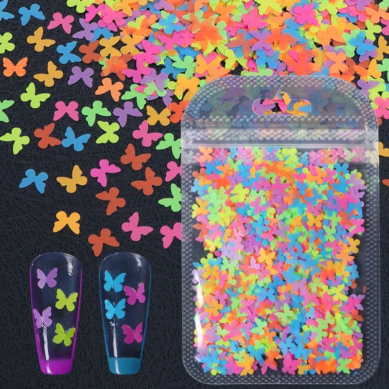 Fluorescent Neon Nail Art Glitter Flakes Kawaii Butterfly Sequins Nails Charms DIY Gel Polish Summer Manicure Style Accessories