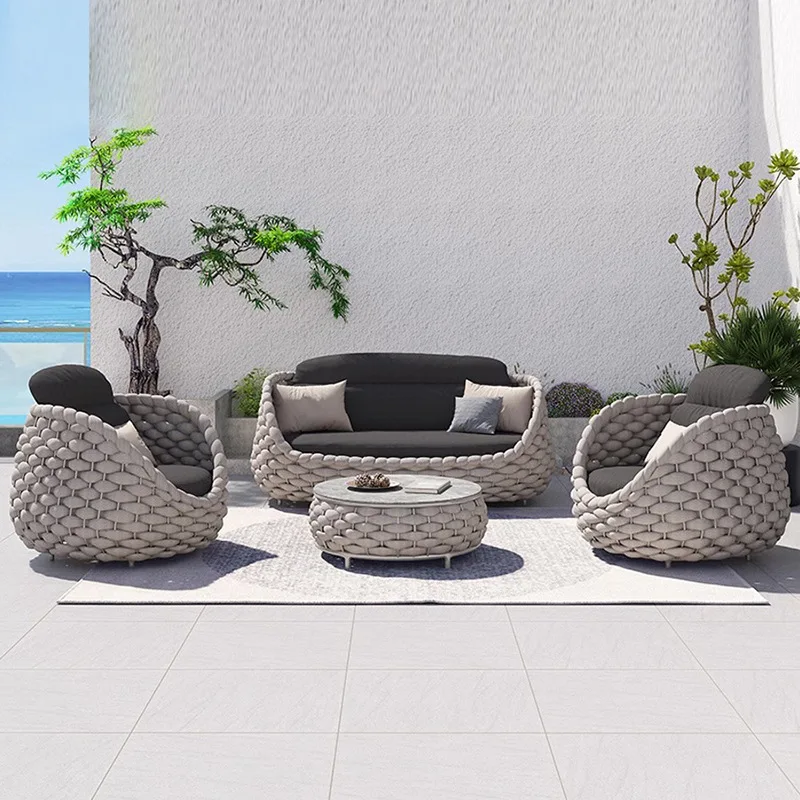 

Outdoor rattan woven sofa courtyard villa balcony coffee table combination waterproof and sunscreen leisure single and double th