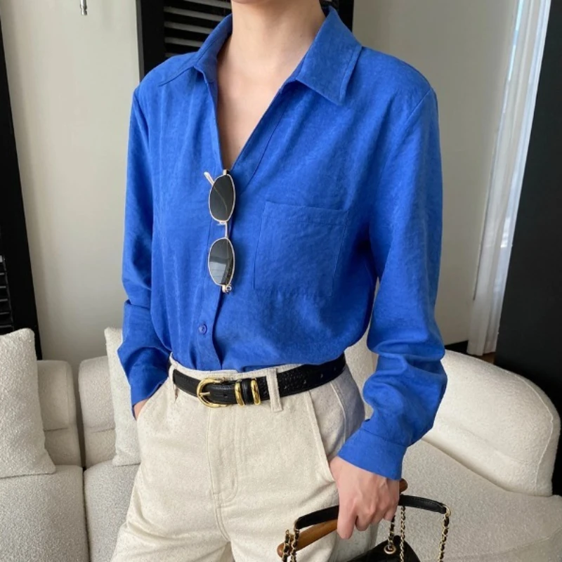 

Women Shirt Solid Blouses Pocket Long Sleeves Turn Down Collar Single Breasted Slight Strech Loose Fit Casual Office 2026 Spring