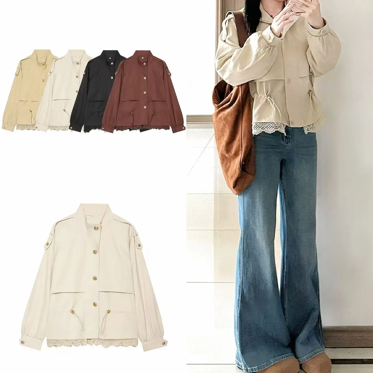 Guobioziy Lace-Trim Short Trench Coat for Women with Drawstring Waist, Stand Collar, Gold Buttons, Pockets, and Loose Fit