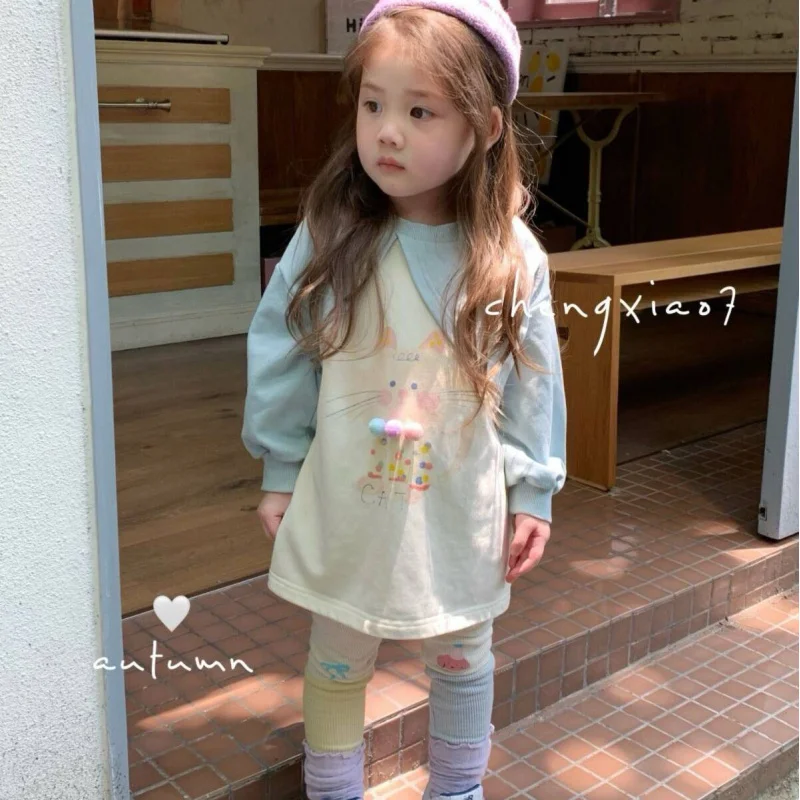 

Autumn New Girls Clothes Cartoon Cat Patchwork Sweatshirt Dress Color Matching Leggings Suit