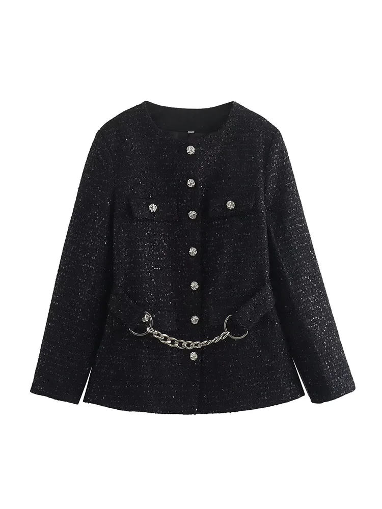 

2024 European and American style women's clothing new style fashion solid color metal chain waist thick tweed round neck long sl