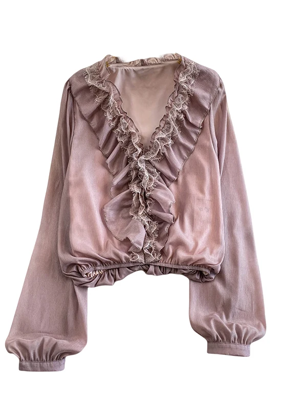 Blus Wanita Model V-Ne dengan Renda, Bahan Chiffon Tipis untuk Musim Panas, Gaya Korea, Cocok untuk Kerja, Panjang Sedang, Berwarna